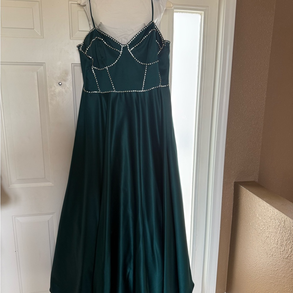JULES AND CLEO Satin prom gown with Jewel Embellished Bodice